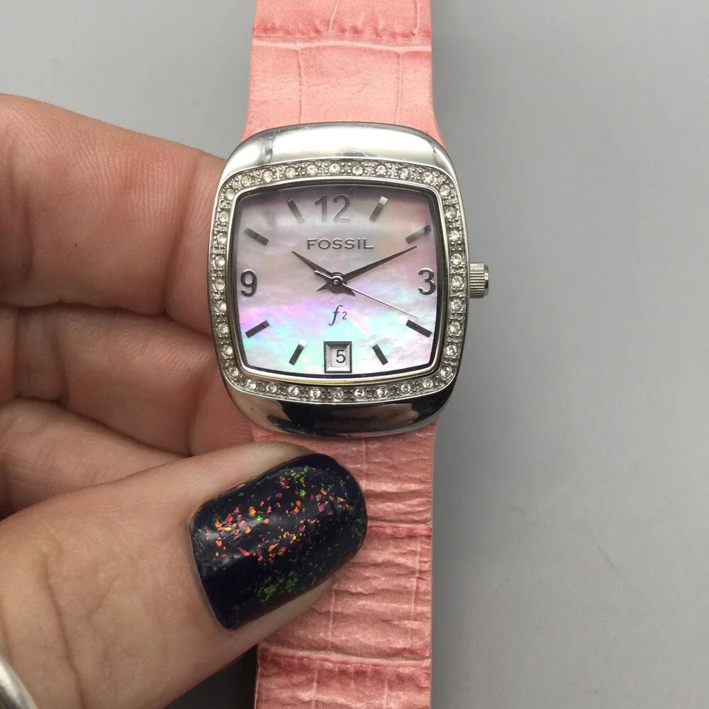 Fossil F2 Womens Watch 25mm Pink MOP Dial Leather Silver Tone Date New Battery